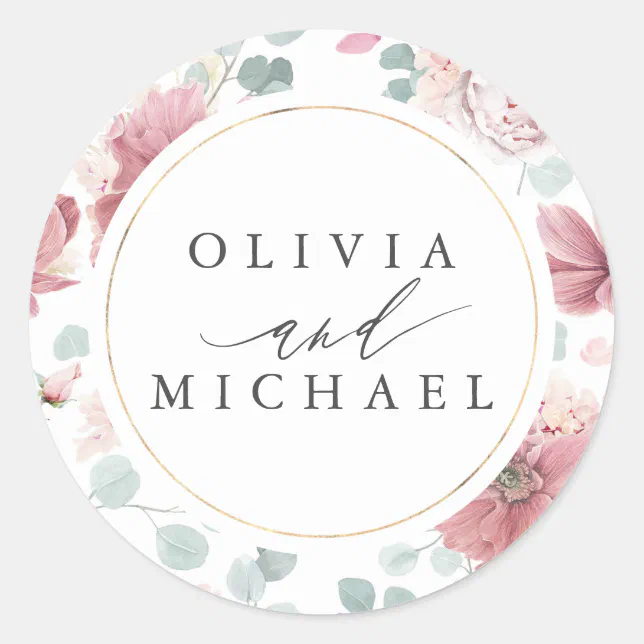 Dusty Rose Flowers and Gold Frame Elegant Wedding Classic Round Sticker ...