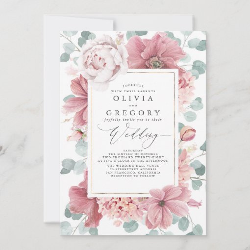 Dusty Rose Flowers and Greenery Elegant Wedding Invitation | Zazzle