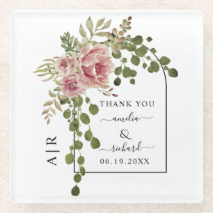 Dusty rose flowers, arch and monogram wedding glass coaster