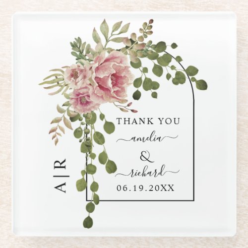 Dusty rose flowers arch and monogram wedding glass coaster