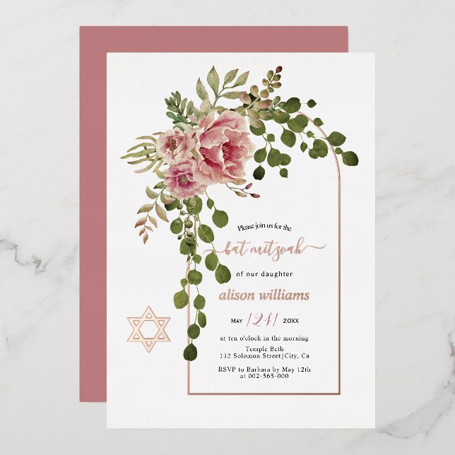 Dusty rose flowers, arch Bat Mitzvah rose gold Foil Invitation (Front/Back)