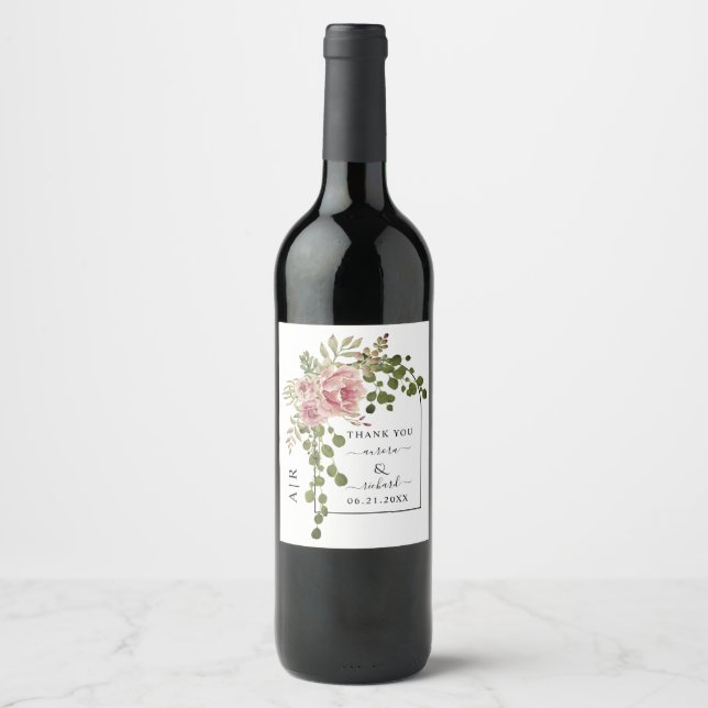 Dusty rose flowers, arch Thank You wedding Wine Label (Front)