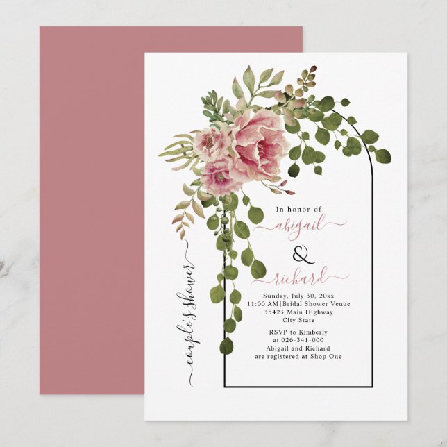 Dusty rose flowers arch wedding couples shower invitation (Front/Back)