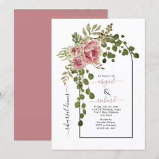 Dusty rose flowers arch wedding rehearsal dinner invitation