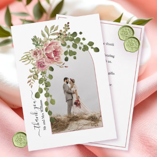 Dusty rose flowers, arch with photo wedding thank you card