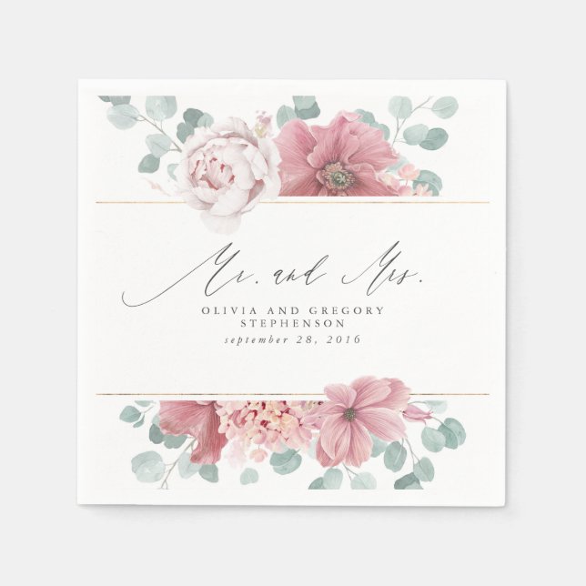 Dusty Rose Flowers Elegant Botanical Mr and Mrs Napkins (Front)