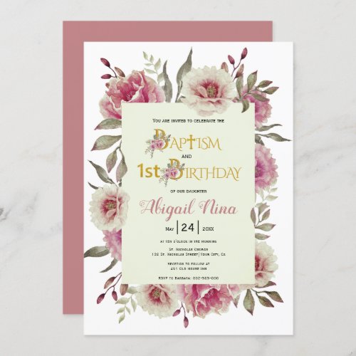Dusty rose flowers girl baptism and 1st birthday  invitation
