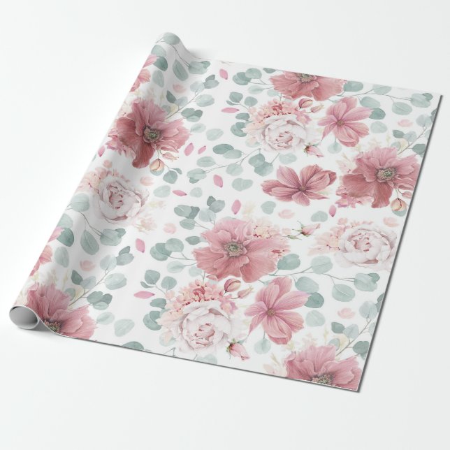 Dusty Rose Flowers Pattern Elegant Modern Wrapping Paper (Unrolled)