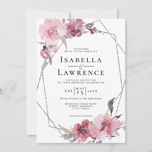 Dusty Rose Flowers Pink Floral Silver Foil Wedding Invitation (Front)