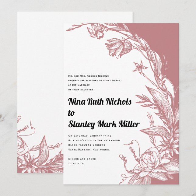 Dusty rose flowers typography floral wedding invitation (Front/Back)
