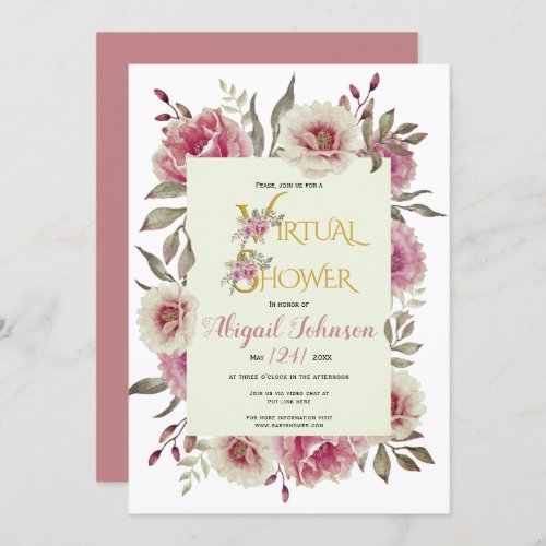 Dusty rose flowers virtual baby or bridal shower invitation