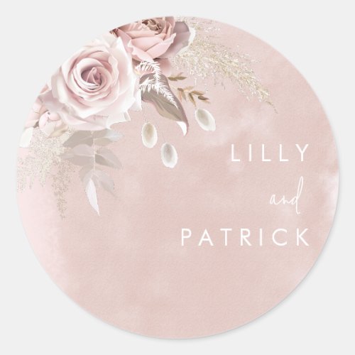 Dusty Rose Flowers Watercolor Blush Wedding Engage Classic Round Sticker