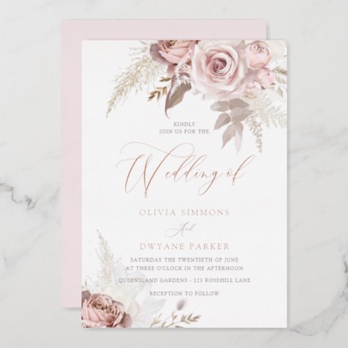 Dusty Rose Foil Elegance Blush Floral Wedding Foil Invitation