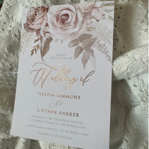 Dusty Rose Foil Elegance Blush Floral Wedding Invitation