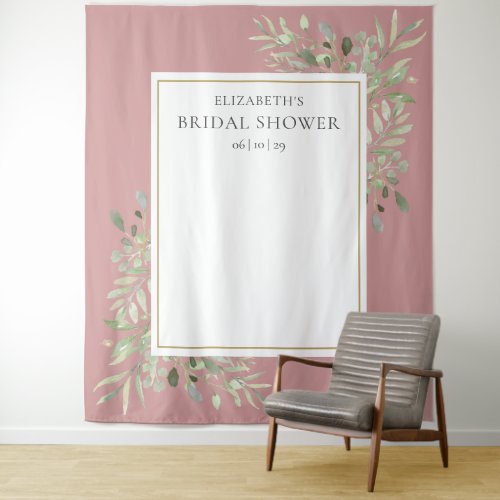 Dusty Rose Foliage Bridal Shower Photo Backdrop - Featuring delicate watercolor greenery leaves on a dusty rose background, this chic bridal shower photo booth backdrop can be personalized with the bride's name and special date. Designed by Thisisnotme©