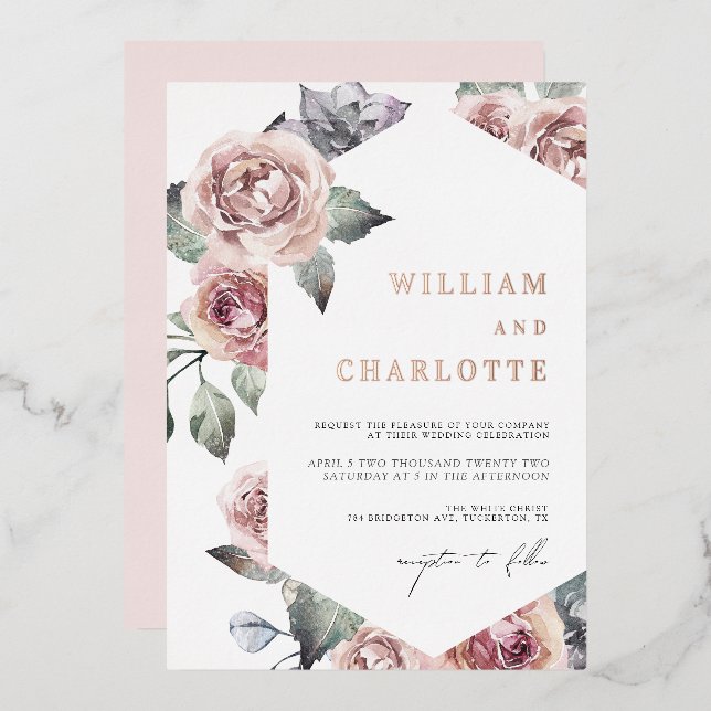 Dusty Rose Foliage Modern Wedding Foil Invitation (Front/Back)