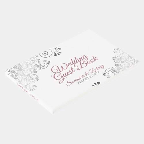 Dusty Rose Frilly Filigree Elegant White Wedding Guest Book