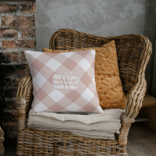 Dusty Rose Gingham Monogram Farmhouse Porch Throw Pillow