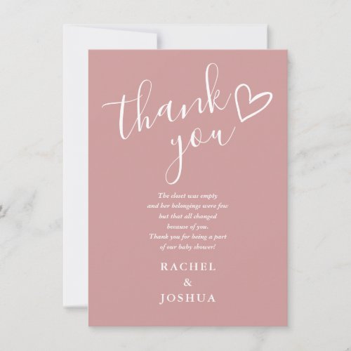 Dusty Rose Girl Baby Shower Script Heart Poem Thank You Card