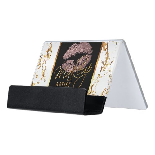 Dusty Rose Glitter Lips on Gold  White Marble Desk Business Card Holder