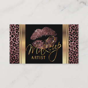 Dusty Rose Glitter Lips on Leopard Skin Business Card