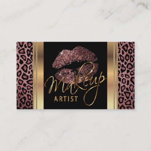 Dusty Rose Glitter Lips on Leopard Skin Business Card