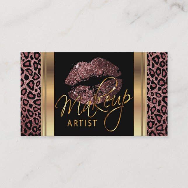 Dusty Rose Glitter Lips on Leopard Skin Business Card (Front)