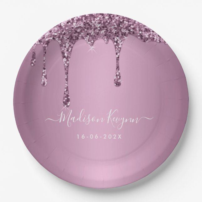  Dusty Rose Glitter Wedding Paper Plates (Front)