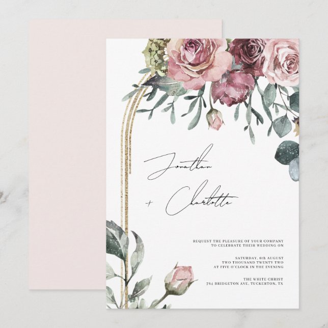 Dusty Rose & Gold Arch Modern Blush Wedding Invitation (Front/Back)