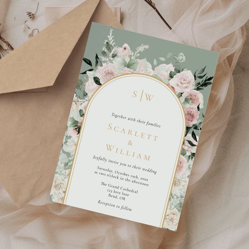 Dusty Rose Gold Arch Sage Green Monogram Wedding Invitation