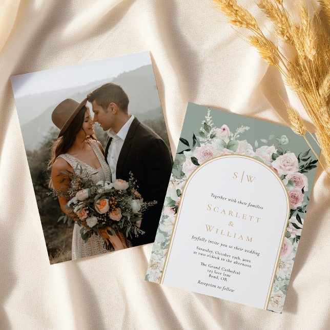 Dusty Rose Gold Arch Sage Monogram Photo Wedding Invitation (Creator Uploaded)