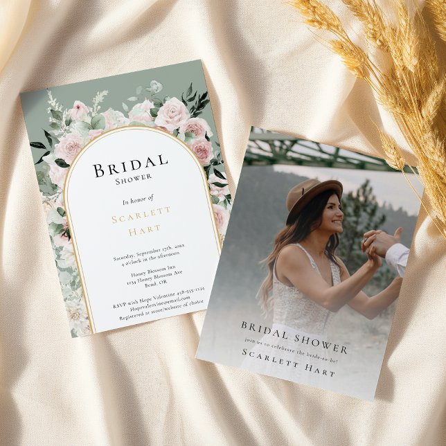 Dusty Rose Gold Arch Sage Photo Bridal Shower Invitation (Creator Uploaded)