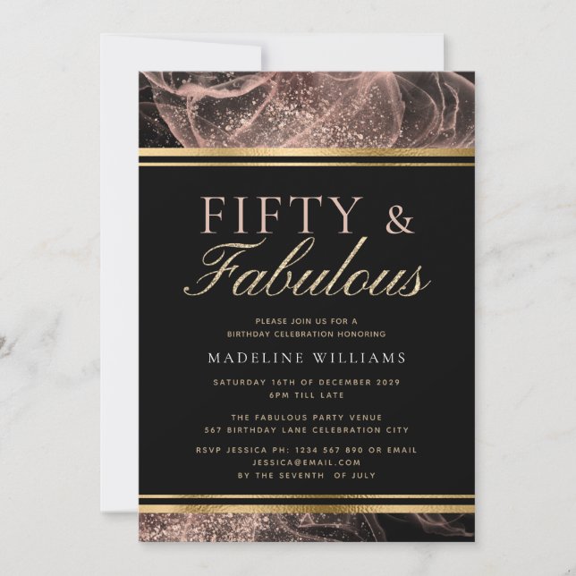 Dusty Rose Gold Black Fifty & Fabulous Birthday Invitation (Front)