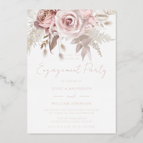 Dusty Rose Gold Blush Floral Engagement Party Foil Invitation