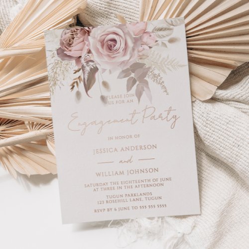 Dusty Rose Gold Blush Floral Engagement Party Foil Invitation