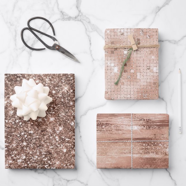 Dusty Rose Gold Blush Glitter Sparkle Glam Wrapping Paper Sheets (Front)
