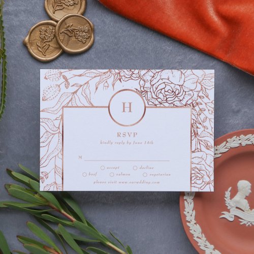 Dusty Rose Gold Classic Monogram Wreath Wedding RSVP Card