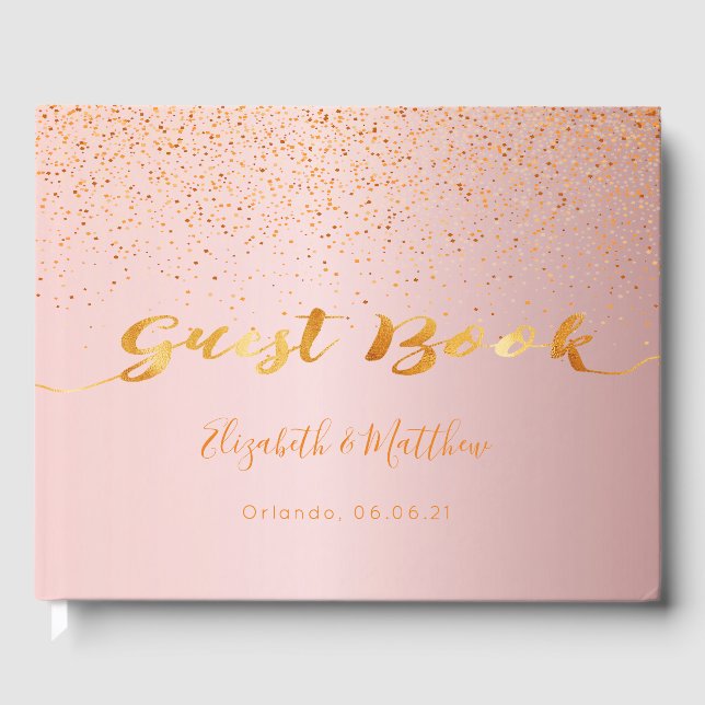 Dusty rose gold confetti script wedding guest book (Front)