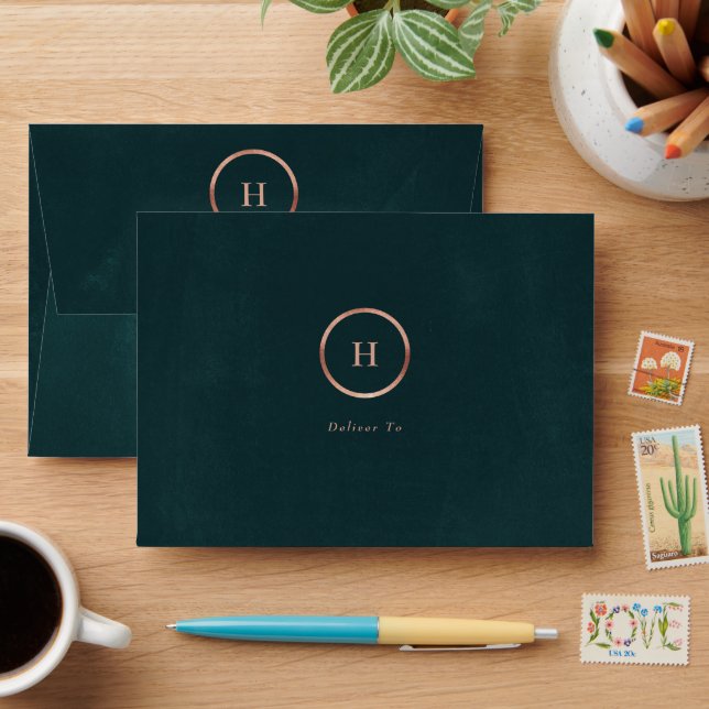 Dusty Rose Gold & Emerald Monogram Wreath Wedding Envelope (Desk)