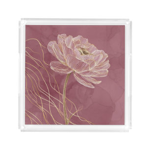 Dusty Rose Gold Floral Line Art Elegant Acrylic Tray