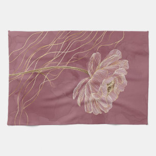 Dusty Rose Gold Floral Line Art Elegant Kitchen Towel
