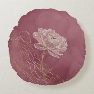 Dusty Rose Gold Floral Line Art Elegant Round Pillow