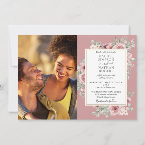 Dusty Rose Gold Floral Photo Wedding Invitation