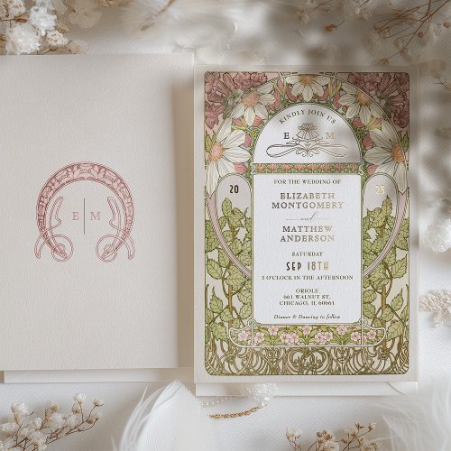 Dusty Rose Gold Foil Daisies Wedding Art Nouveau Foil Invitation