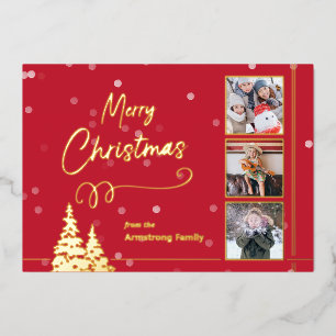 Dusty Rose Gold Foil Heart 3 Photo Christmas Holiday Card