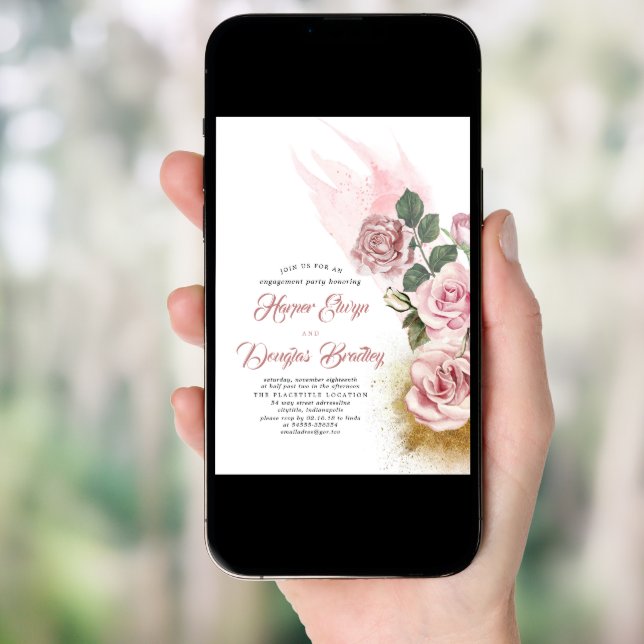 Dusty Rose & Gold Glitter Floral Engagement Party Invitation (Front Digital)