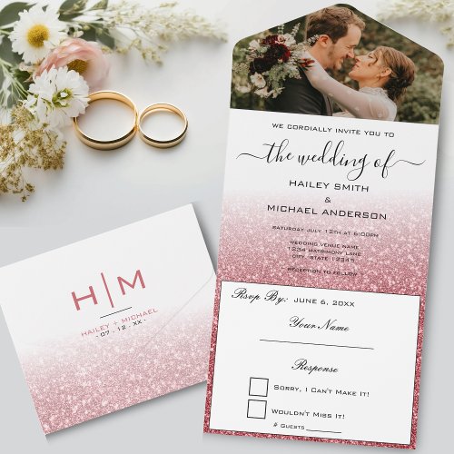 Dusty Rose Gold Glitter Ombre Modern Photo Wedding All In One Invitation