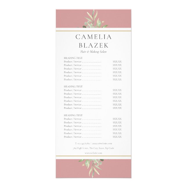 Dusty Rose Gold Greenery Salon Service Menu (Front)