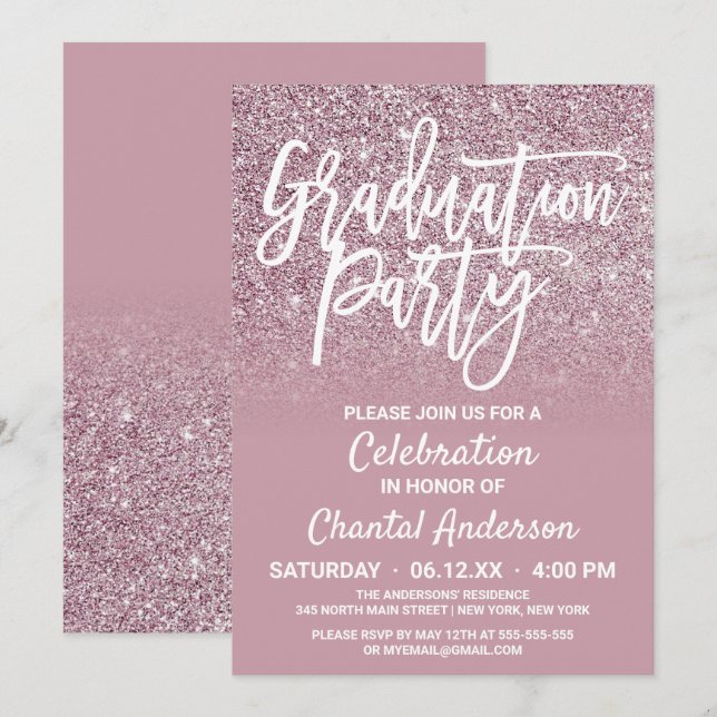 Dusty Rose Gold Pink Glitter Ombre Graduation Invitation (Front/Back)
