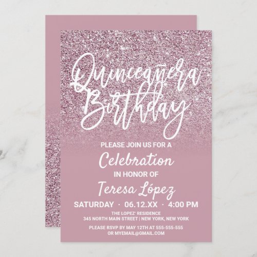 Dusty Rose Gold Pink Glitter Ombre Quinceaera Invitation